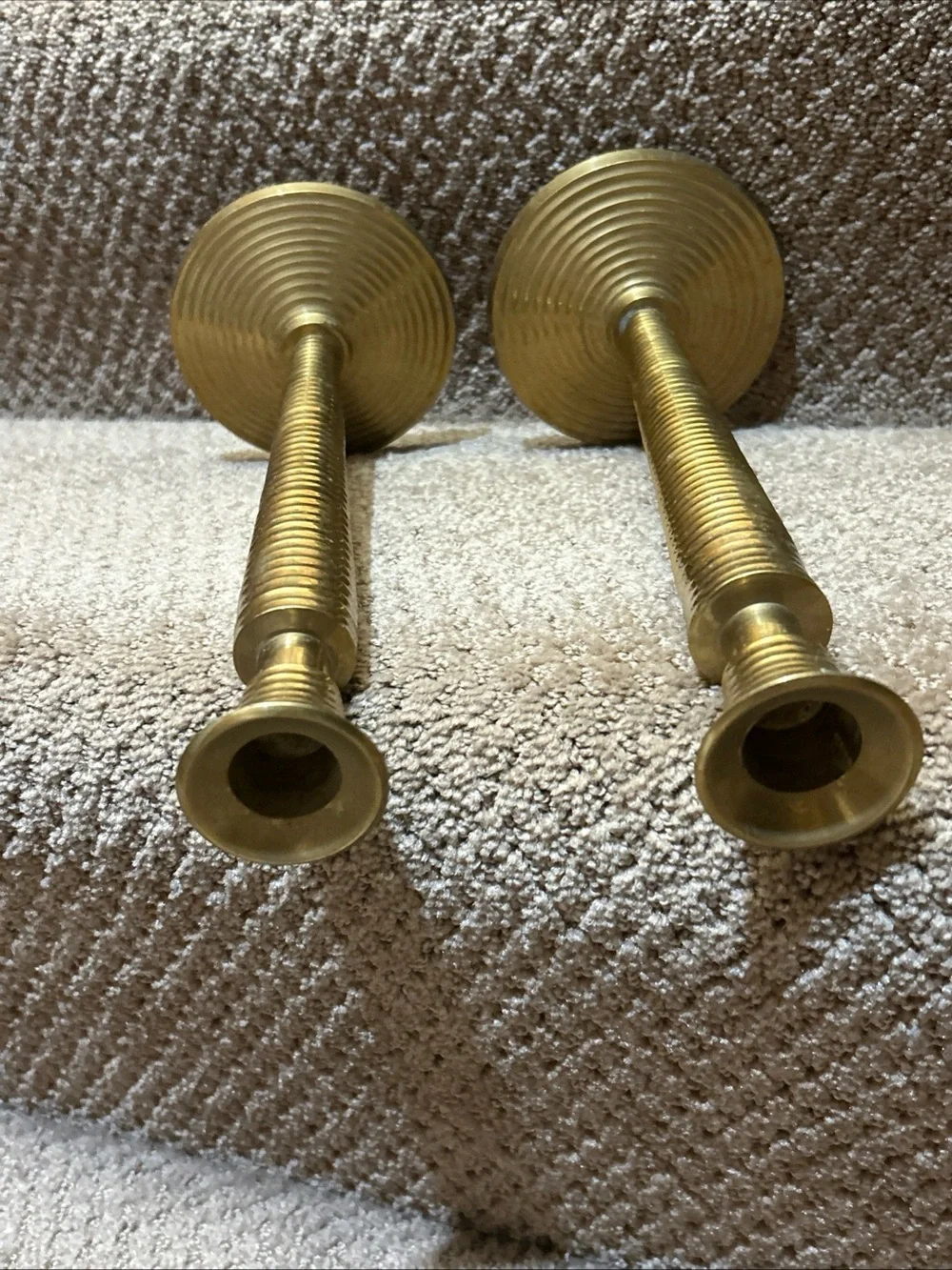 Vtg Heavy Brass candlesticks Ribbed MCM Design 10” Pair, Patina Biedermann India